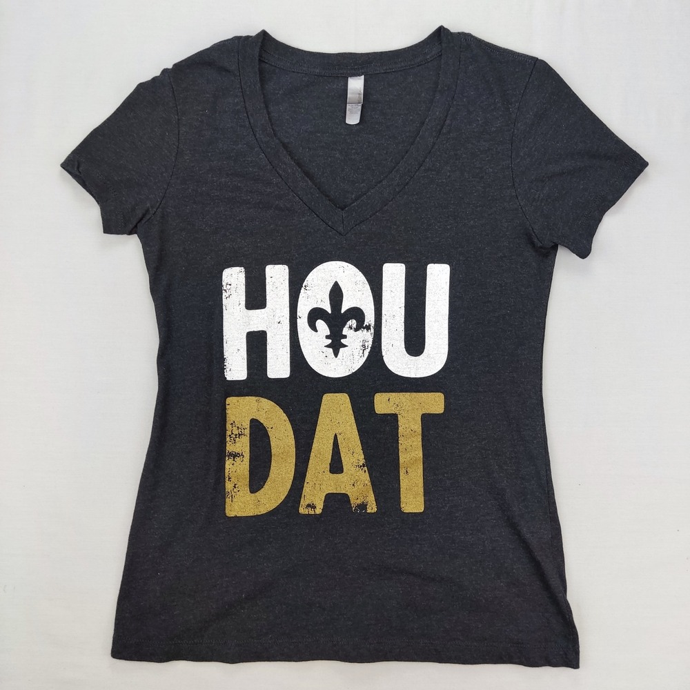 Next Level T-Shirt Womens L Gray HOU DAT Fleur De Lis V-Neck Graphic Tee NOLA